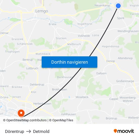 Dörentrup to Detmold map