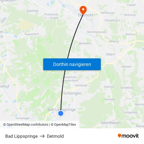 Bad Lippspringe to Detmold map