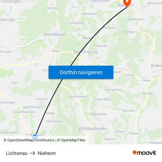 Lichtenau to Nieheim map