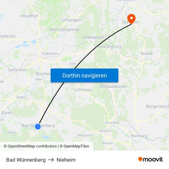 Bad Wünnenberg to Nieheim map