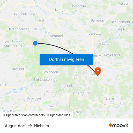 Augustdorf to Nieheim map