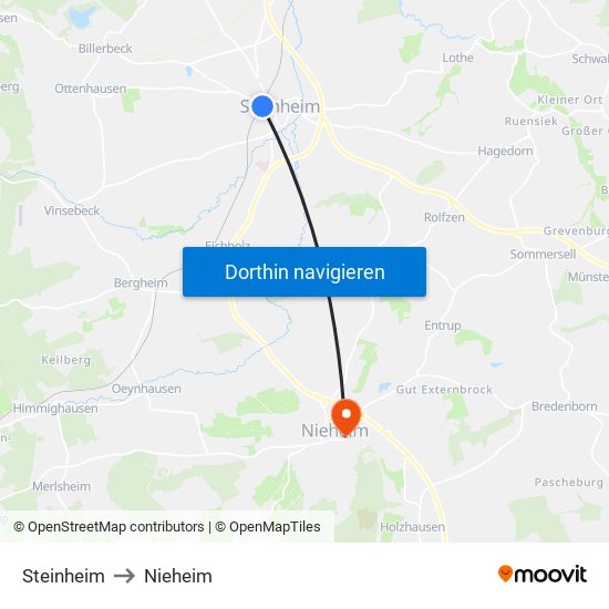 Steinheim to Nieheim map