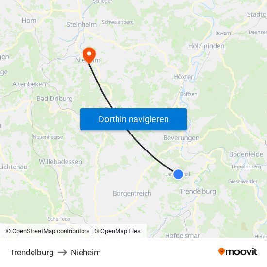 Trendelburg to Nieheim map