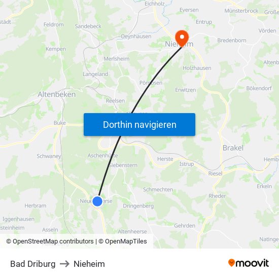 Bad Driburg to Nieheim map