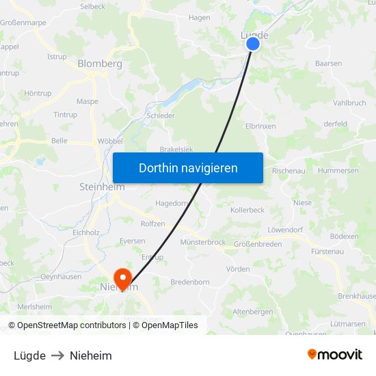 Lügde to Nieheim map