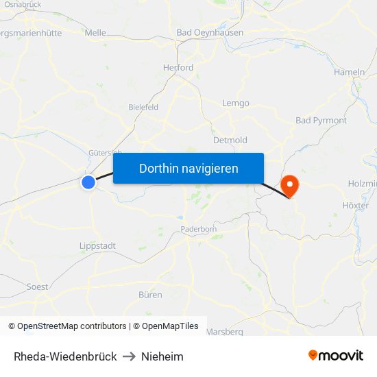 Rheda-Wiedenbrück to Nieheim map