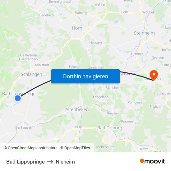 Bad Lippspringe to Nieheim map