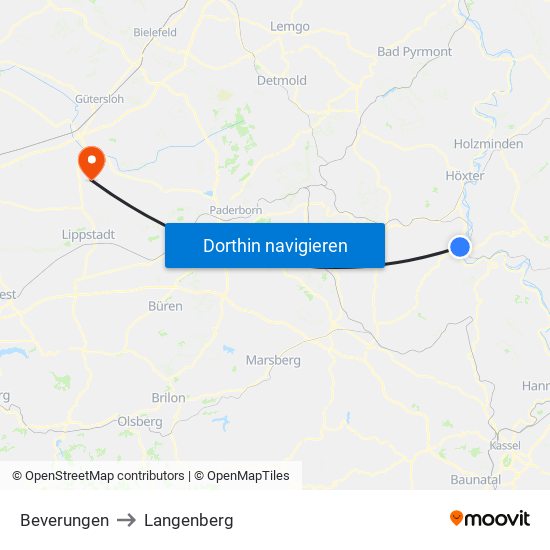 Beverungen to Langenberg map
