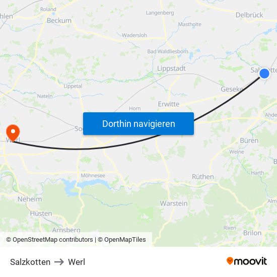 Salzkotten to Werl map