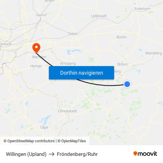 Willingen (Upland) to Fröndenberg/Ruhr map