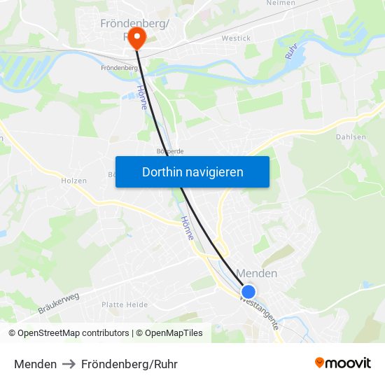 Menden to Fröndenberg/Ruhr map