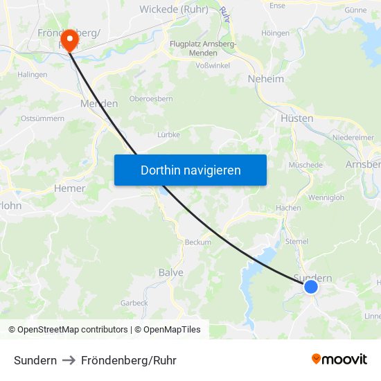 Sundern to Fröndenberg/Ruhr map