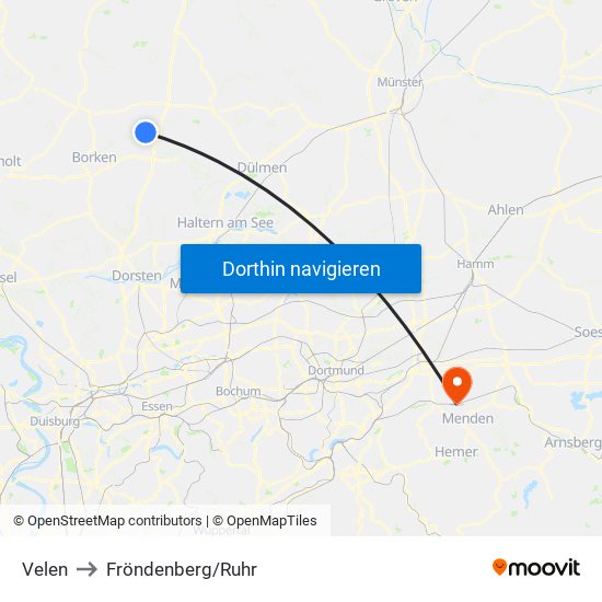 Velen to Fröndenberg/Ruhr map