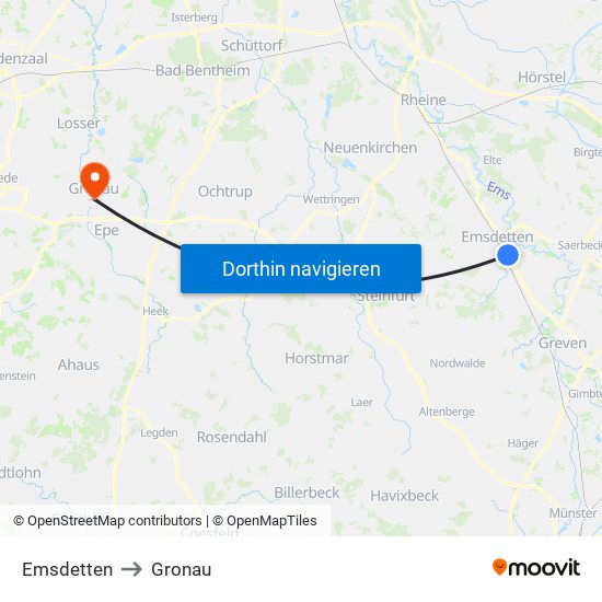 Emsdetten to Gronau map