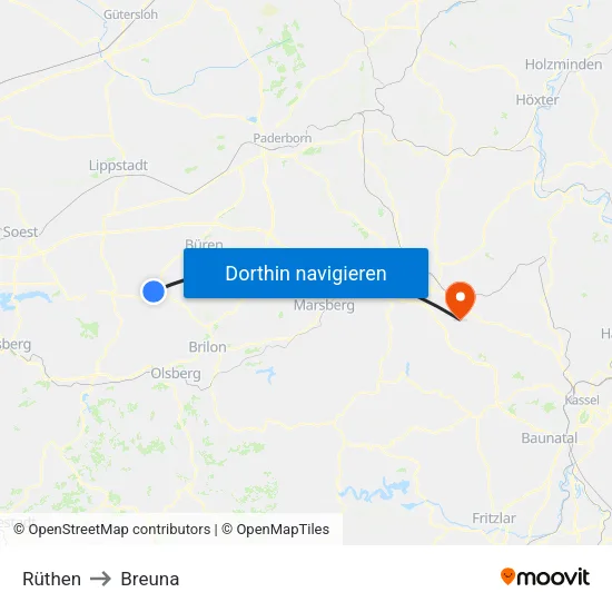 Rüthen to Breuna map
