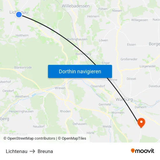 Lichtenau to Breuna map