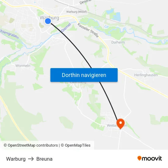 Warburg to Breuna map