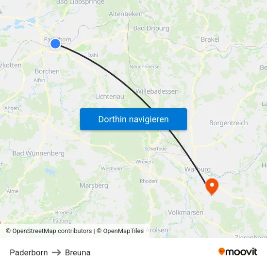 Paderborn to Breuna map