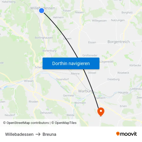 Willebadessen to Breuna map