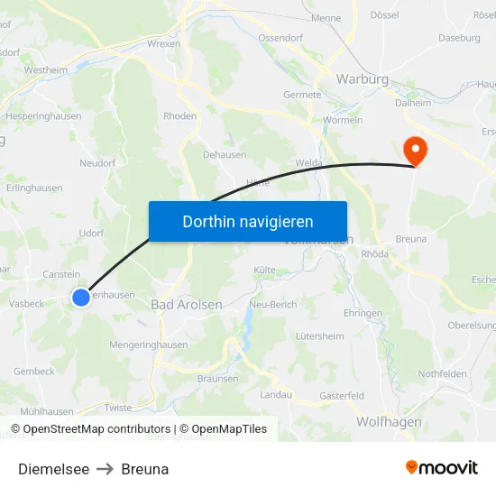 Diemelsee to Breuna map