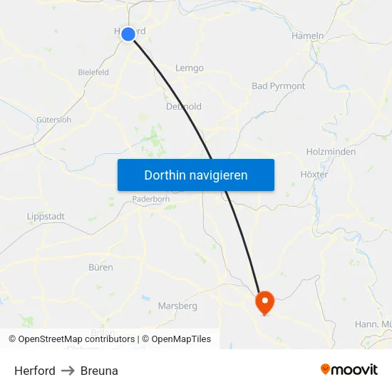 Herford to Breuna map