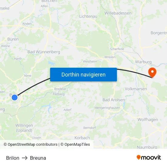 Brilon to Breuna map