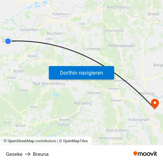 Geseke to Breuna map