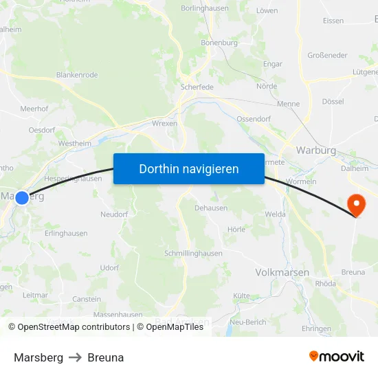 Marsberg to Breuna map