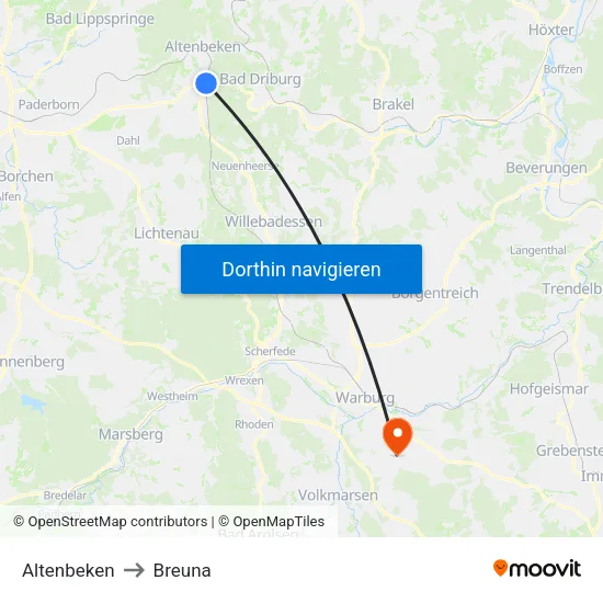 Altenbeken to Breuna map