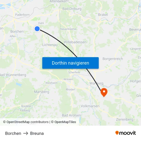 Borchen to Breuna map