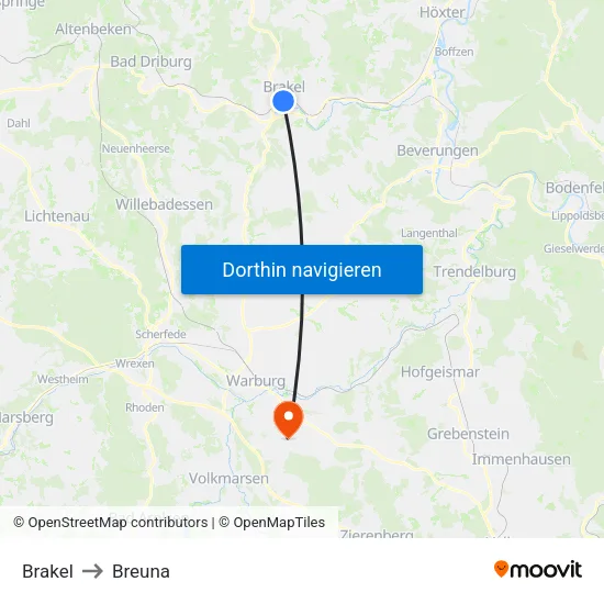 Brakel to Breuna map