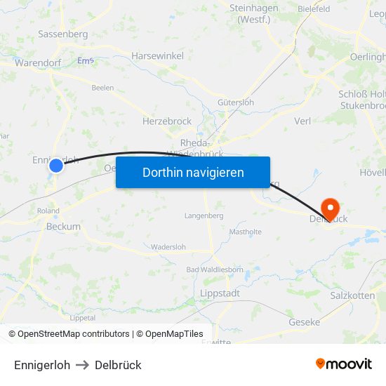 Ennigerloh to Delbrück map