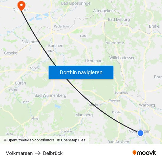 Volkmarsen to Delbrück map