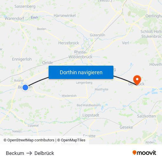 Beckum to Delbrück map