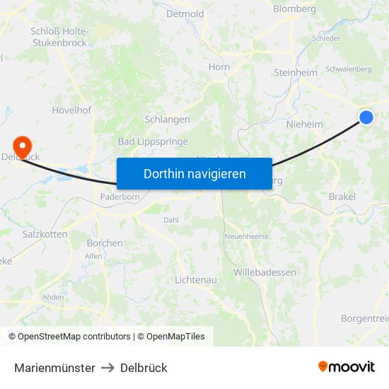 Marienmünster to Delbrück map