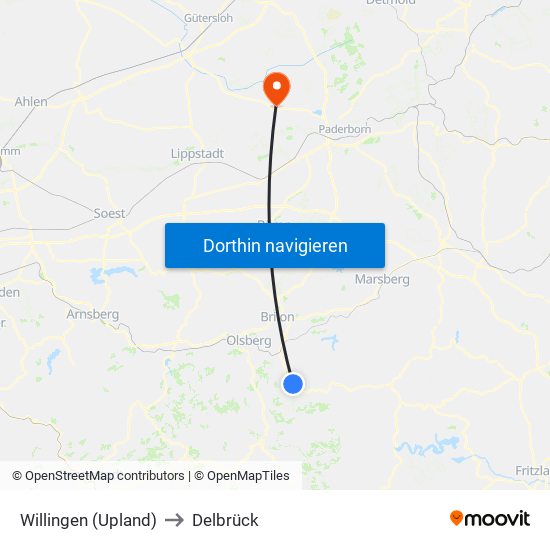 Willingen (Upland) to Delbrück map