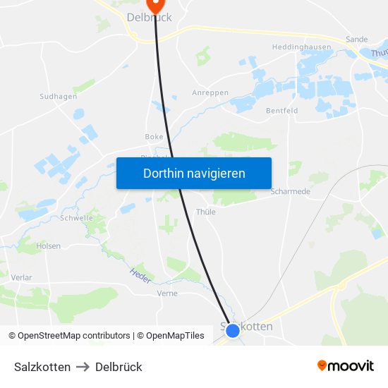 Salzkotten to Delbrück map