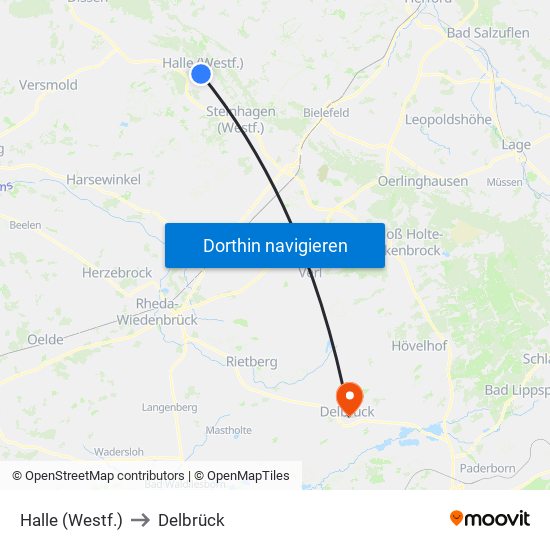 Halle (Westf.) to Delbrück map