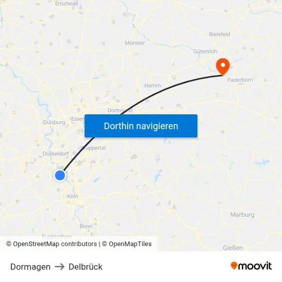 Dormagen to Delbrück map
