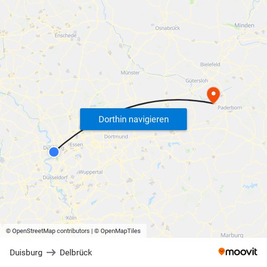 Duisburg to Delbrück map