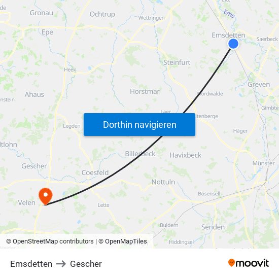 Emsdetten to Gescher map