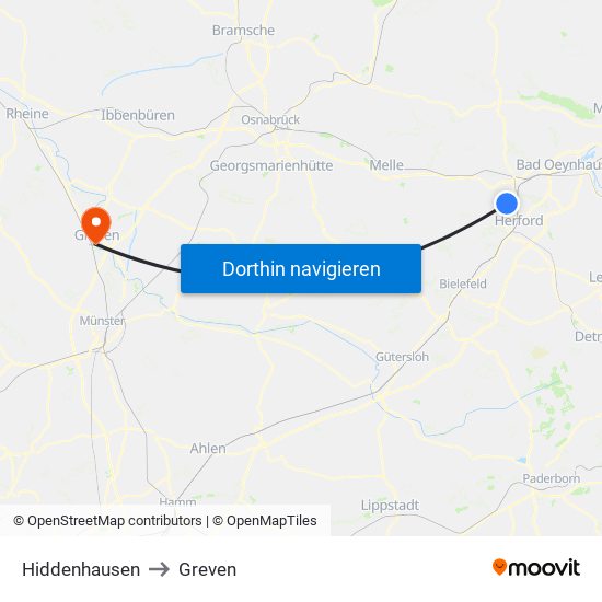 Hiddenhausen to Greven map