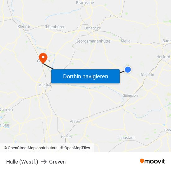 Halle (Westf.) to Greven map