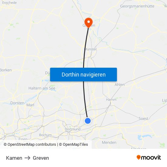 Kamen to Greven map