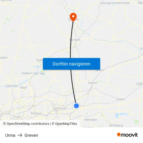 Unna to Greven map
