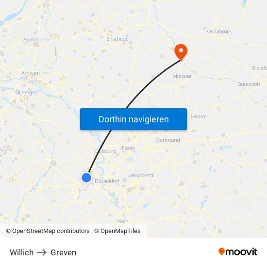 Willich to Greven map