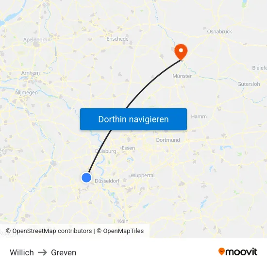 Willich to Greven map