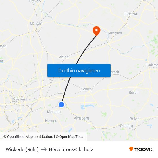 Wickede (Ruhr) to Herzebrock-Clarholz map