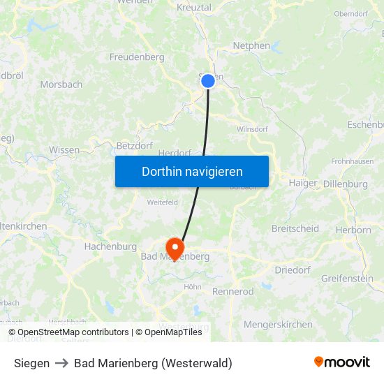 Siegen to Bad Marienberg (Westerwald) map