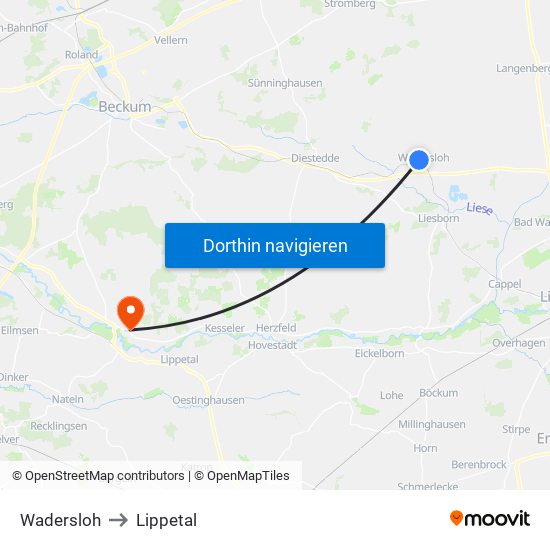 Wadersloh to Lippetal map
